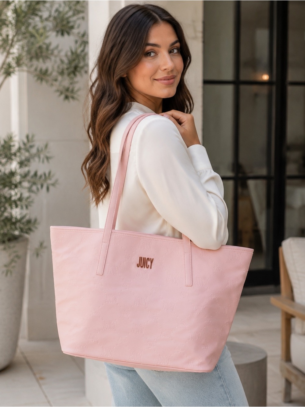 Juicy Couture Pink Embossed Logo Crown Large Shoulder Tote Bag